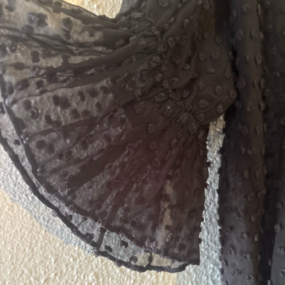 7 For All Mankind Black Polka Dot Sheer Tie Neck Chiffon Boho Blouse Size L - Picture 4 of 6